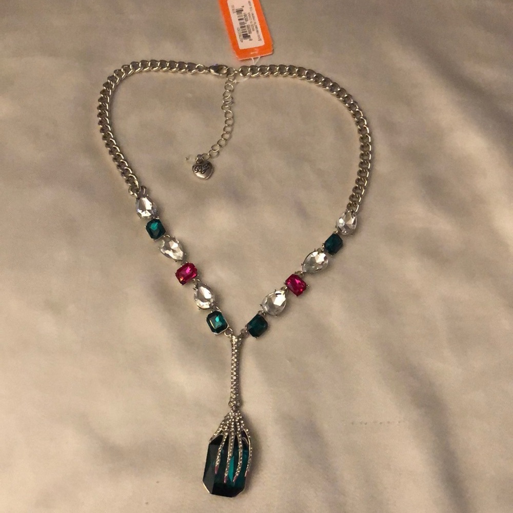 Betsey Johnson Silver Tone Skeleton Hand Y Drop Pendant Necklace Crystal NWT